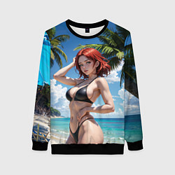 Свитшот женский Девушка с рыжими волосами на пляже, цвет: 3D-черный
