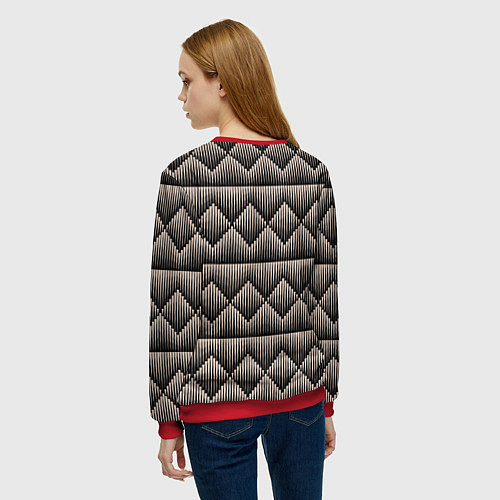 Женский свитшот Объемные бежевые ромбы на черном / 3D-Красный – фото 4
