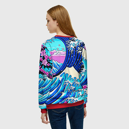 Женский свитшот Большая волна в Канагаве сакура / 3D-Красный – фото 4