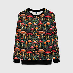 Свитшот женский Сказочные грибы мухоморы паттерн, цвет: 3D-черный