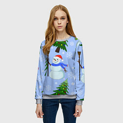 Свитшот женский Снеговики с новогодними елками паттерн, цвет: 3D-меланж — фото 2