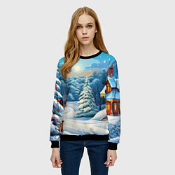 Свитшот женский Зимний домик и елка, цвет: 3D-черный — фото 2