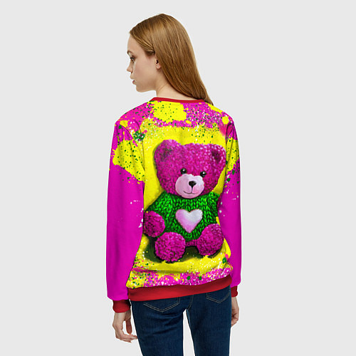 Женский свитшот Розовый мишка в вязаном свитере / 3D-Красный – фото 4