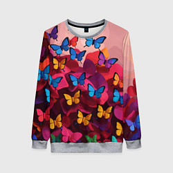 Свитшот женский Разноцветные бабочки - розовые цветы, цвет: 3D-меланж