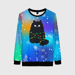 Свитшот женский Новогодний котик и снежинки, цвет: 3D-черный