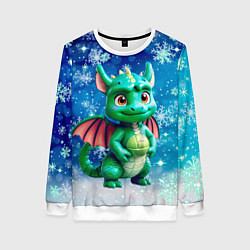 Свитшот женский Маленький дракончик в снежинках, цвет: 3D-белый