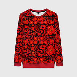 Свитшот женский Хохломская роспись красные цветы и ягоды на чёрном, цвет: 3D-красный