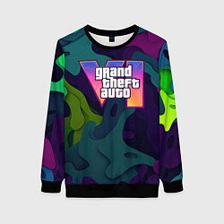 Свитшот женский GTA 6 logo яркий неоновый камуфляжный стиль, цвет: 3D-черный