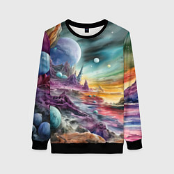 Свитшот женский Акварельный пейзаж далёкой планеты, цвет: 3D-черный