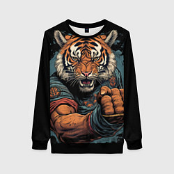 Свитшот женский Тигр в стойке тайский бокс, цвет: 3D-черный