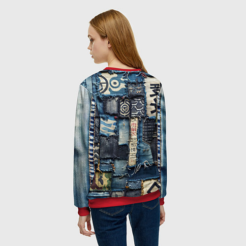 Женский свитшот Иероглифы на пэчворк дениме / 3D-Красный – фото 4