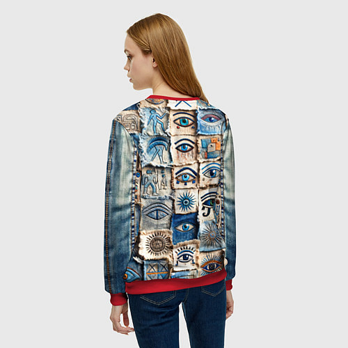 Женский свитшот Глаза на пэчворк дениме / 3D-Красный – фото 4