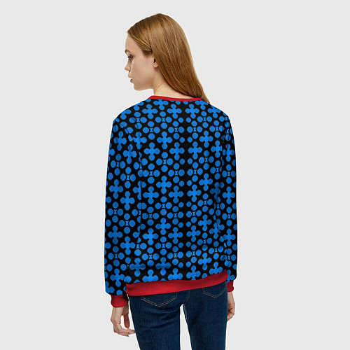Женский свитшот Синие четырёхлистники на чёрном фоне / 3D-Красный – фото 4