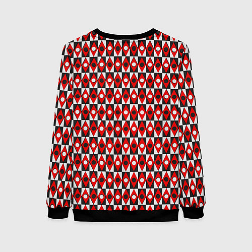 Женский свитшот Чёрно-белые ромбы и круги на красном фоне / 3D-Черный – фото 2