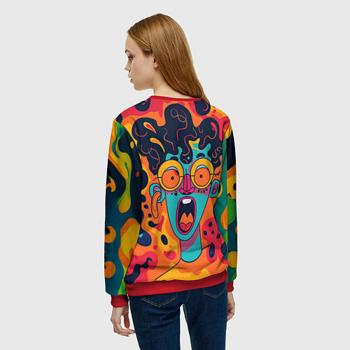 Женский свитшот Красочная абстракция с синим кричащим лицом / 3D-Красный – фото 4