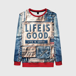 Свитшот женский Жизнь прекрасна- пэчворк, цвет: 3D-красный