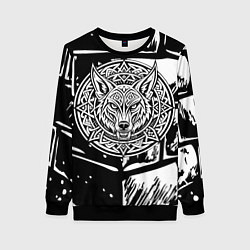 Свитшот женский Голова волка скандинавский узор тату, цвет: 3D-черный