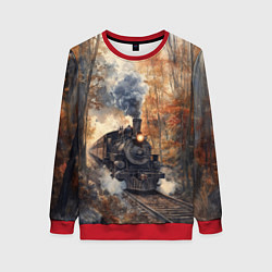 Свитшот женский Паровоз в осеннем лесу, цвет: 3D-красный