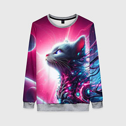 Свитшот женский Космический кибер котёнок - неоновое свечение, цвет: 3D-меланж