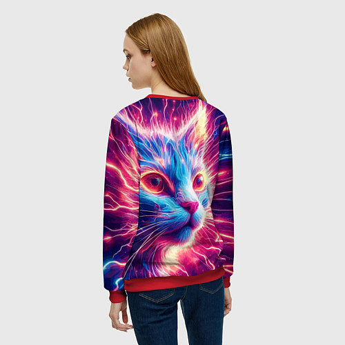 Женский свитшот Неоновая мордочка котёнка - нейроарт элетро кот / 3D-Красный – фото 4