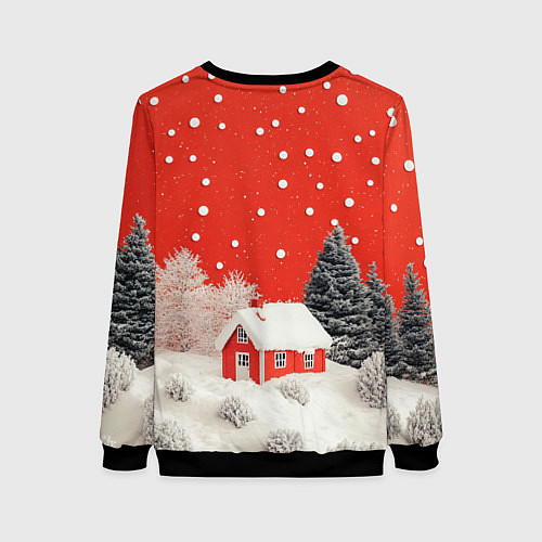 Женский свитшот Новогодний домик и красное небо / 3D-Черный – фото 2