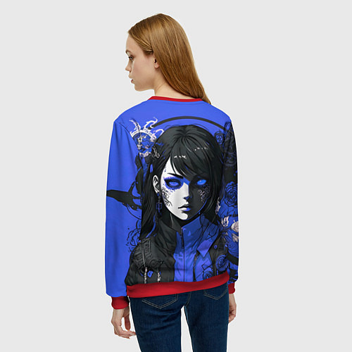 Женский свитшот Девушка в стиле аниме в куртке на голубом фоне / 3D-Красный – фото 4