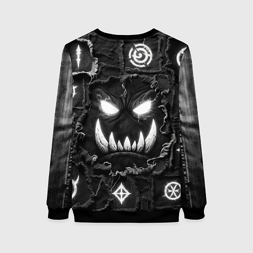 Женский свитшот Голова Орка на джинсах пэчворк / 3D-Черный – фото 2