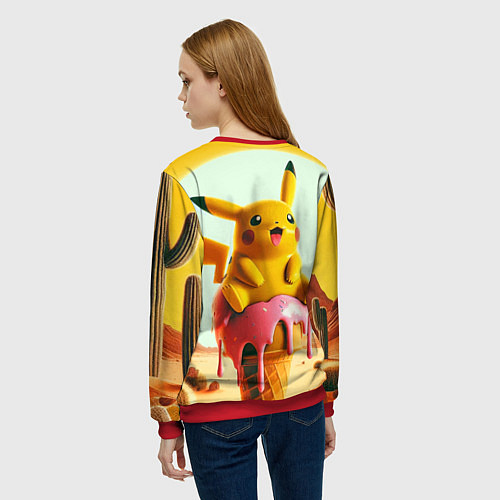 Женский свитшот Пикачу сидит на мороженом в пустыне / 3D-Красный – фото 4