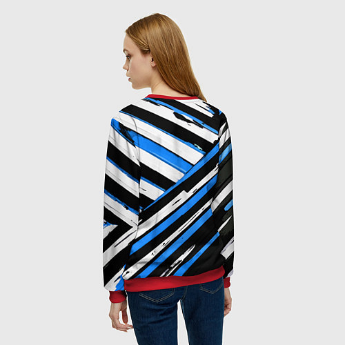 Женский свитшот Бело-синие диагональные полосы на чёрном фоне / 3D-Красный – фото 4