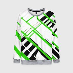 Свитшот женский Зелёно-чёрные полосы на белом фоне, цвет: 3D-меланж