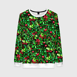 Свитшот женский Ягоды падуба на новогодней елке, цвет: 3D-белый
