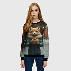 Свитшот женский Лиса с подарком, цвет: 3D-черный — фото 2
