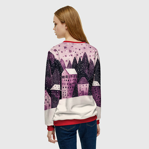 Женский свитшот Новогодние домики в лесу / 3D-Красный – фото 4