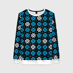 Свитшот женский Бело-голубые звёзды на чёрном фоне, цвет: 3D-белый