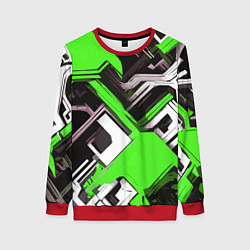 Женский свитшот Бело-зелёный техно паттерн на чёрном фоне