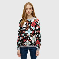 Свитшот женский Красно-белые цветы на чёрном фоне, цвет: 3D-меланж — фото 2