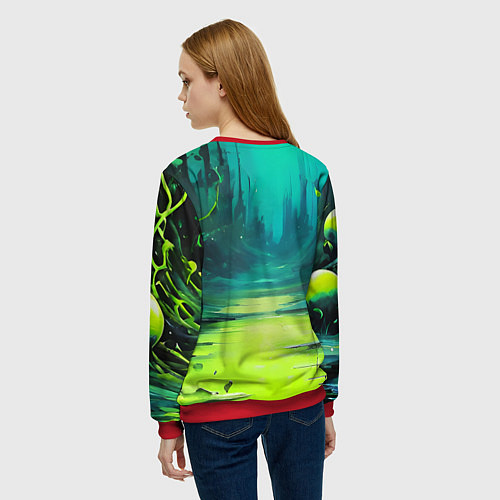 Женский свитшот Зелёная кислотная абстракция / 3D-Красный – фото 4