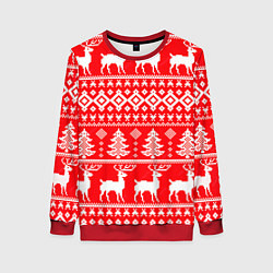 Женский свитшот Новогодние мотивы елки и олени на красном