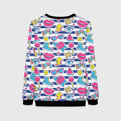 Женский свитшот Полосатый паттерн с яркими молодежными стикерами / 3D-Черный – фото 2