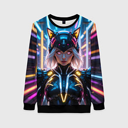 Свитшот женский Девушка кошка неон, цвет: 3D-черный