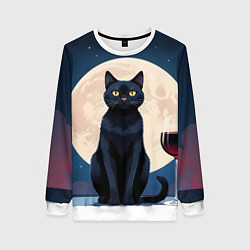 Свитшот женский Кот с вином под луной, цвет: 3D-белый