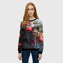 Свитшот женский Новогодние украшения на ветках, цвет: 3D-черный — фото 2