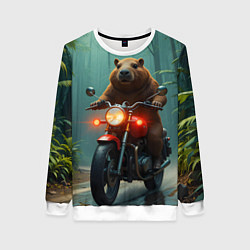 Свитшот женский Капибара на мотоцикле в джунглях, цвет: 3D-белый