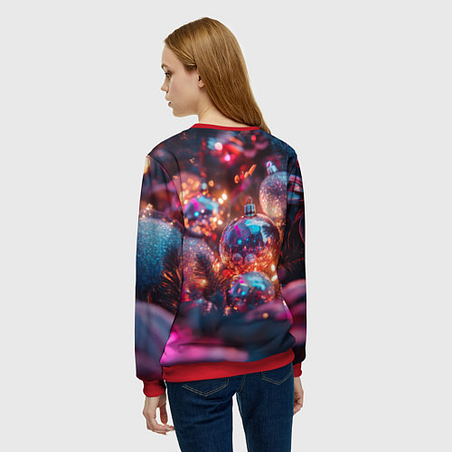 Женский свитшот Новогодние шары и фиолетовые блески / 3D-Красный – фото 4