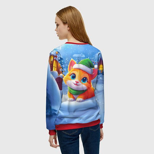 Женский свитшот Новогодний котенок в зеленой шапочке / 3D-Красный – фото 4