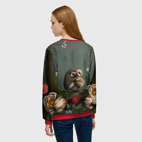 Женский свитшот Ежик и цыпленок обнимаются / 3D-Красный – фото 4