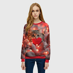 Свитшот женский Кошечка с сердечком и с гирляндой, цвет: 3D-красный — фото 2