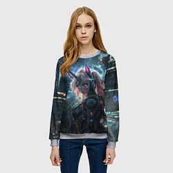Свитшот женский Девушка - единорог киберпанк, цвет: 3D-меланж — фото 2