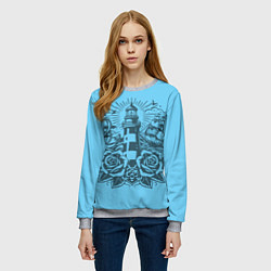 Свитшот женский Маяк с розами и кораблем, цвет: 3D-меланж — фото 2