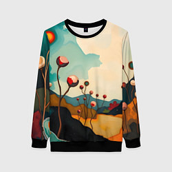 Свитшот женский Сюрреалистичный пейзаж с цветами, цвет: 3D-черный